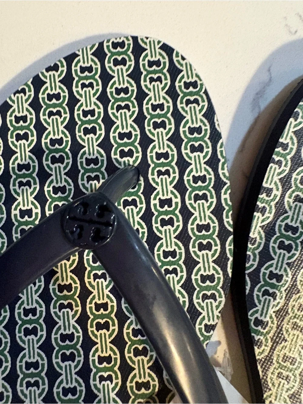 Tory Burch Navy Patterned Logo-Print Flip Flop Sandals
